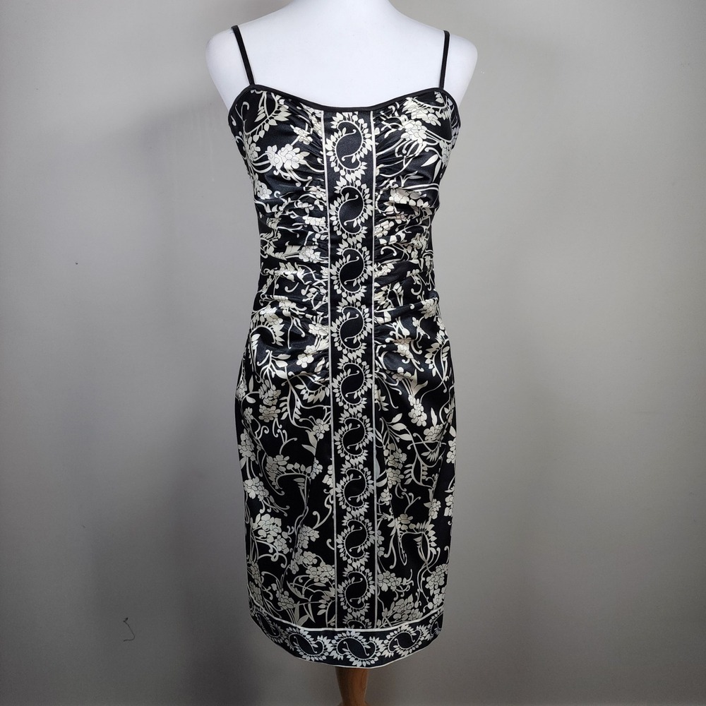 Maggy Londonβ Sheath Dress Womens 6 Black Floral Paisley Satin Ruched Cocktail